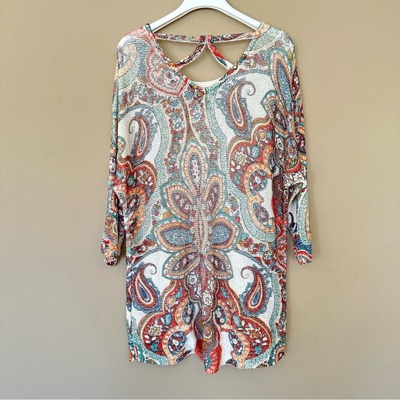SOLD Chicos XL Paisley Sweater Cross Back Long Tunic Length Colorful 3/4 Sleeve - Picture 8 of 11